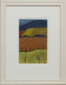 MJN, FIELDS oil on board, initialled MJN image size 27.5cm x 17.5cm, overall size 53cm x 41.5cm