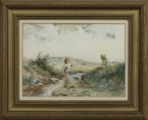TWO GIRLS IN A STREAM, A WATERCOLOUR BY TOM PATERSON