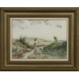 TWO GIRLS IN A STREAM, A WATERCOLOUR BY TOM PATERSON