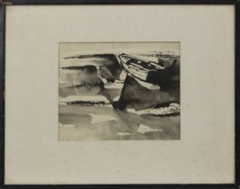 BOAT ON BEACH, A WATERCOLOUR BY DAVID BRUCE WALKER