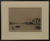 BOATS AT THE DOCK, AN ETCHING BY E H BARLOW