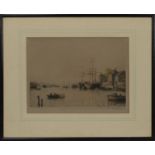 BOATS AT THE DOCK, AN ETCHING BY E H BARLOW