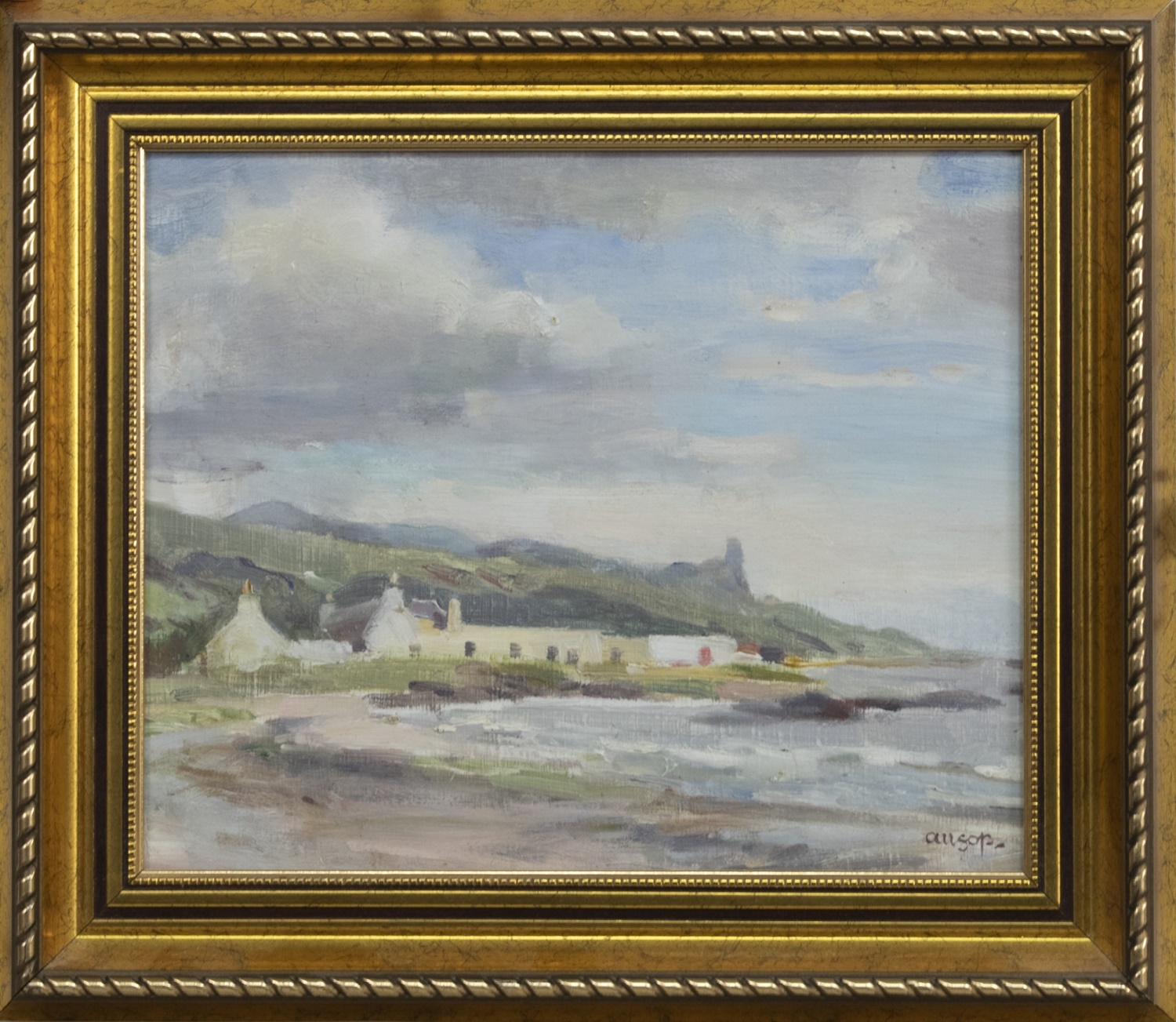 DUNURE CASTLE, FROM THE VILLLAGE, AYRSHIRE, AN OIL BY HARRY ALLSOP