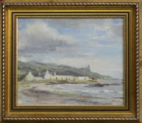 DUNURE CASTLE, FROM THE VILLLAGE, AYRSHIRE, AN OIL BY HARRY ALLSOP