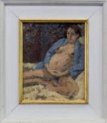 SEATED FIGURE, SARAH PREGNANT, AN OIL BY PETER SPENS