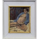 SEATED FIGURE, SARAH PREGNANT, AN OIL BY PETER SPENS