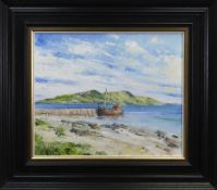 LAMLASH PIER & HOLY ISLAND, ARRAN, AN OIL BY ERNI UPTON