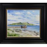 LAMLASH PIER & HOLY ISLAND, ARRAN, AN OIL BY ERNI UPTON