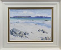 CAMUSDARRACH 'TAE OORSELS', EIGG & RHUM DISTANT, AN OIL BY ERNI UPTON