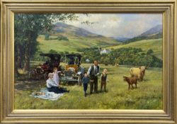 THE HOME OF MR. & MRS. ROBIN BROCK, WITH GRANDCHILDREN AND MODEL T'S, AN OIL BY ALAN FEARNLEY