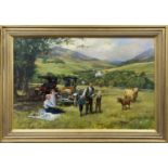 THE HOME OF MR. & MRS. ROBIN BROCK, WITH GRANDCHILDREN AND MODEL T'S, AN OIL BY ALAN FEARNLEY