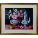 STILL LIFE WITH APPLE AND TEAPOT, AN OIL BY MARY GALLAGHER