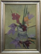 IRISES IN A CHINESE VASE, AN OIL BY ETHEL WALKER
