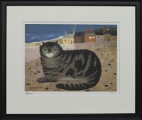 CAT ON A CORNISH BEACH, A PRINT BY MARY FEDDEN