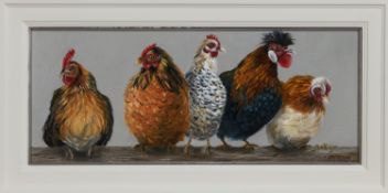 5 HENS-A-CLUCKING, AN OIL BY LYNNE JOHNSTONE