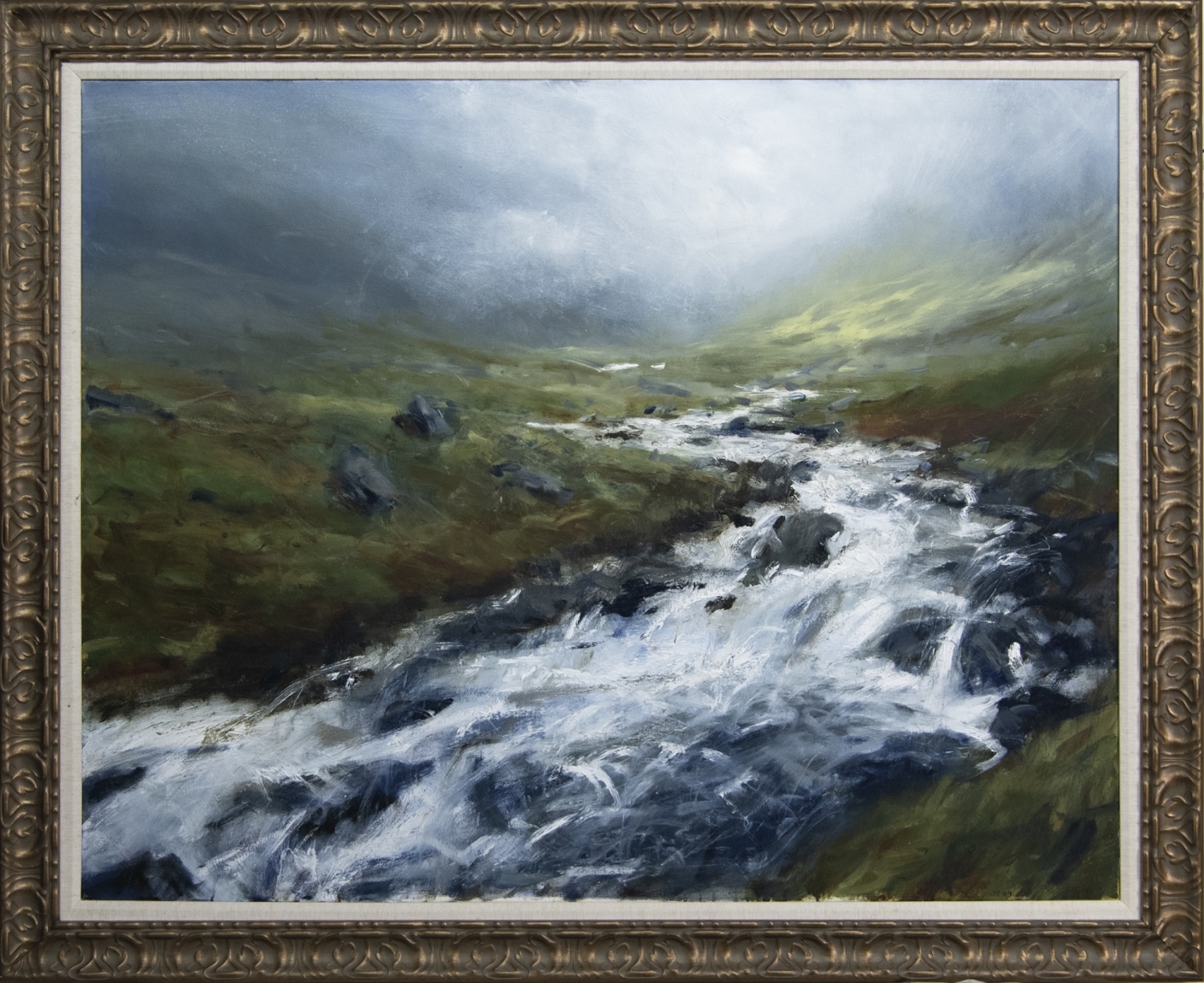 HIGHLAND RIVER IN SPATE, ASSYNT, AN OIL BY JONATHAN SHEARER