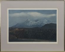 CUILLINS FROM PEINMORE, A COLOURED ETCHING BY TOM MACKENZIE