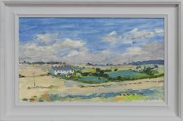 HARVEST FIELDS, GLOUCESTERSHIRE, AN OIL BY ALASTAIR FLATTELY