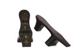 A PAIR OF EARLY 20TH CENTURY OTTOMAN WIRE INLAID WOODEN FOOT RESTS