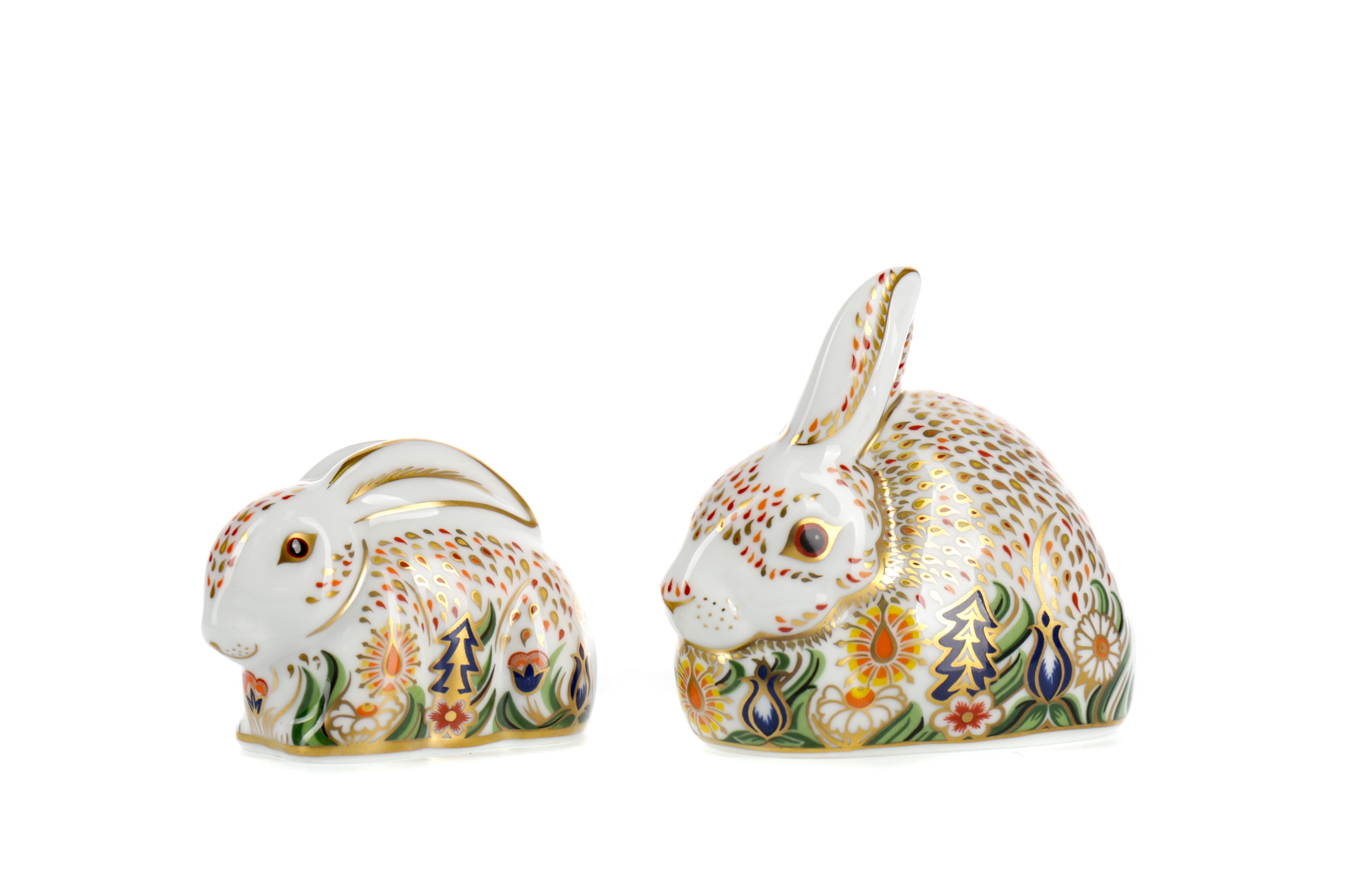 ROYAL CROWN DERBY 'ROWSLEY RABBIT' AND 'BABY ROWSLEY RABBIT' PAPERWEIGHTS