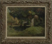 A RIVER WALK IN SUMMER, AN OIL BY THOMAS BROMLEY BLACKLOCK