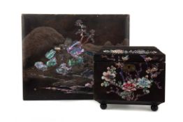 A 20TH CENTURY CHINESE LACQUERED GAMES/JEWELLERY BOX AND A CADDY