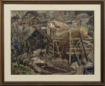 BOATYARD, EYEMOUTH, AN OIL BY ALEXANDER RHIND