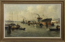 ROTTERDAM HARBOUR, AN OIL BY J VAN DELDEN