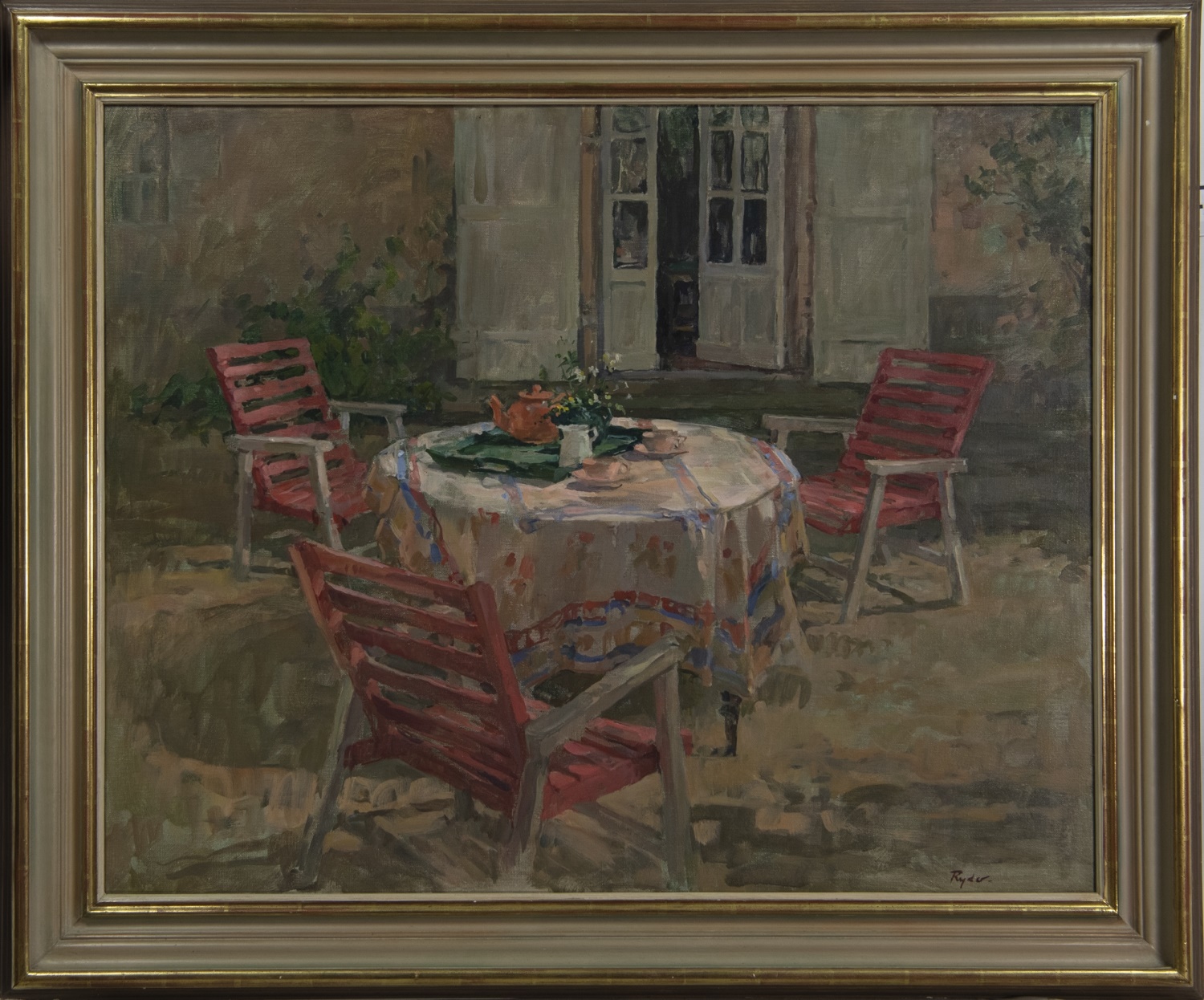 TEA TABLE WITH RED CHAIRS, AN OIL BY SUSAN RYDER