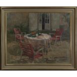 TEA TABLE WITH RED CHAIRS, AN OIL BY SUSAN RYDER