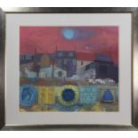 EVENING LIGHT, BLUE MOON, HARBOUR, STILL LIFE, A GOUACHE BY IRENE HALLIDAY