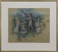 LITTLE FAMILY ON THE SHORE, A PASTEL BY FLORA WOOD