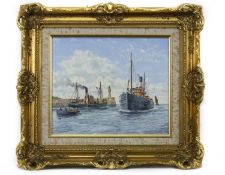 BOATS IN THE BAY, AN OIL BY JAMES CURRY BURNIE