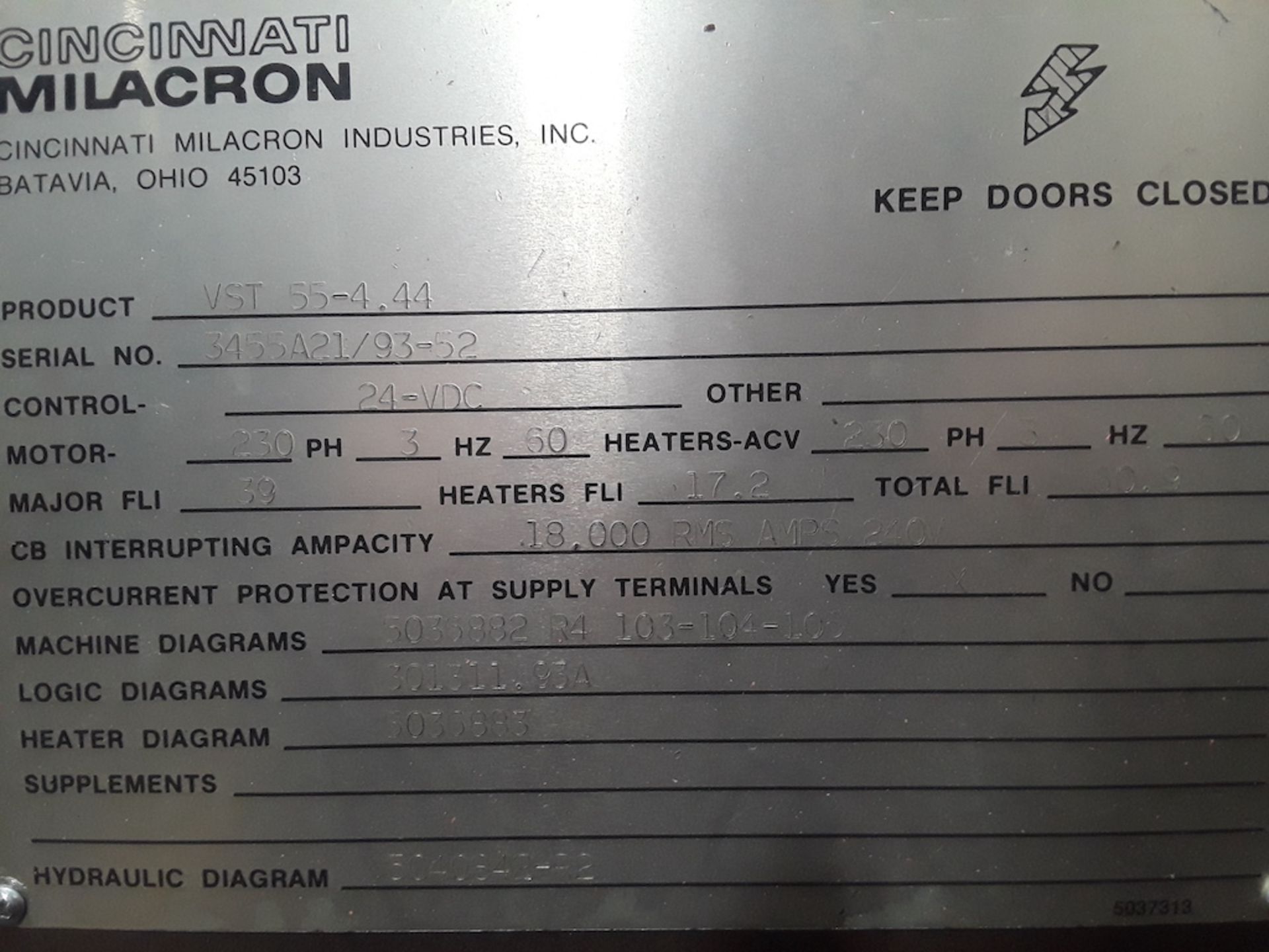 (1) 1993 Milacron VST55-4.44, 55 Ton IMM (New Controls & Electrics in 2018) - Image 3 of 3