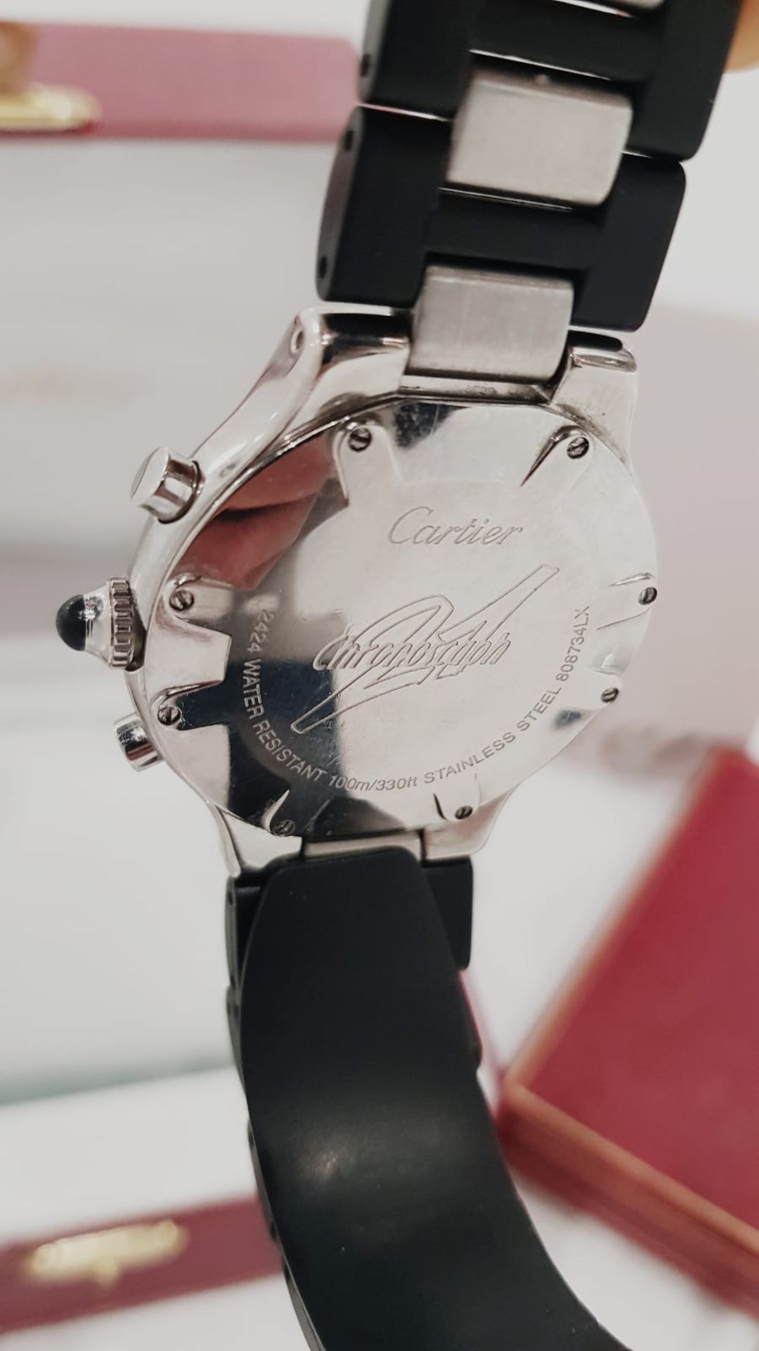 CARTIER CHRONOSCAPH GENTS WATCH WITH ORIGINAL BOX & MANUAL, STEEL AND RUBBER STRAP. - Image 6 of 8
