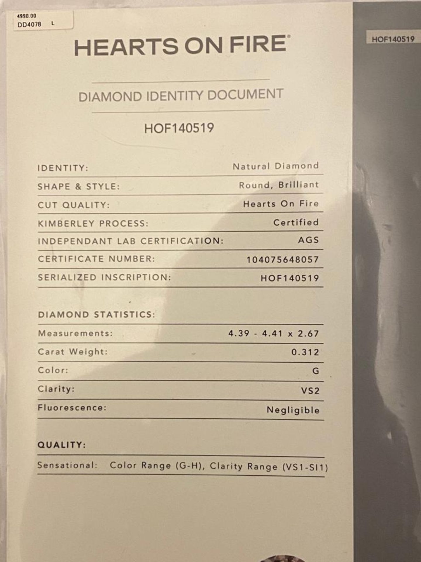 PLATINUM HEARTS OF FIRE DIAMOND CLUSTER RING, DIAMOND SIZE 0.312 CT DIAMOND COLOUR G SIZE - Image 3 of 3