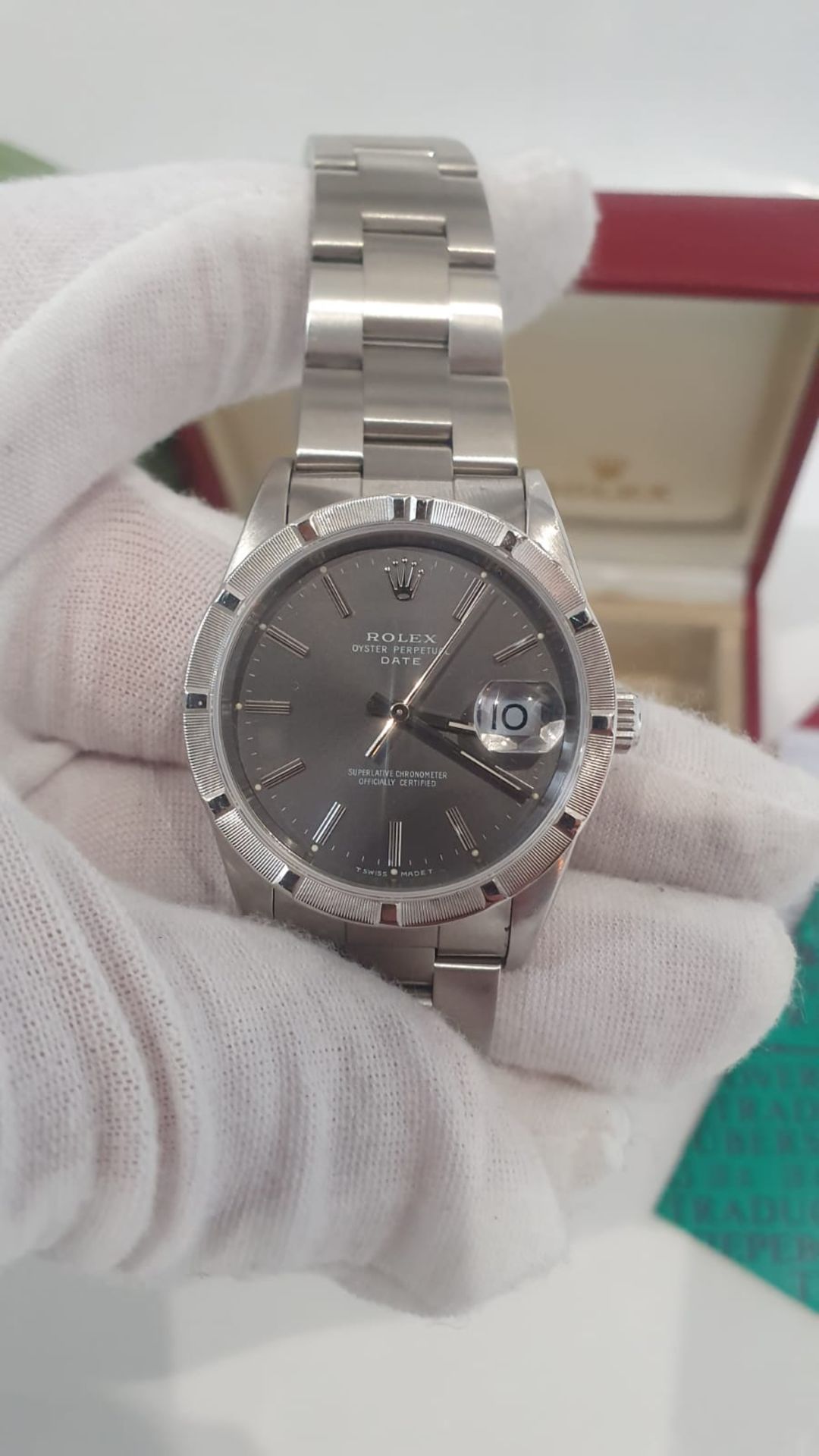 ROLEX OYSTER PERPETUAL DATE DARK GREY DIAL & STEEL FINISH WATCH NO VAT - Image 3 of 11