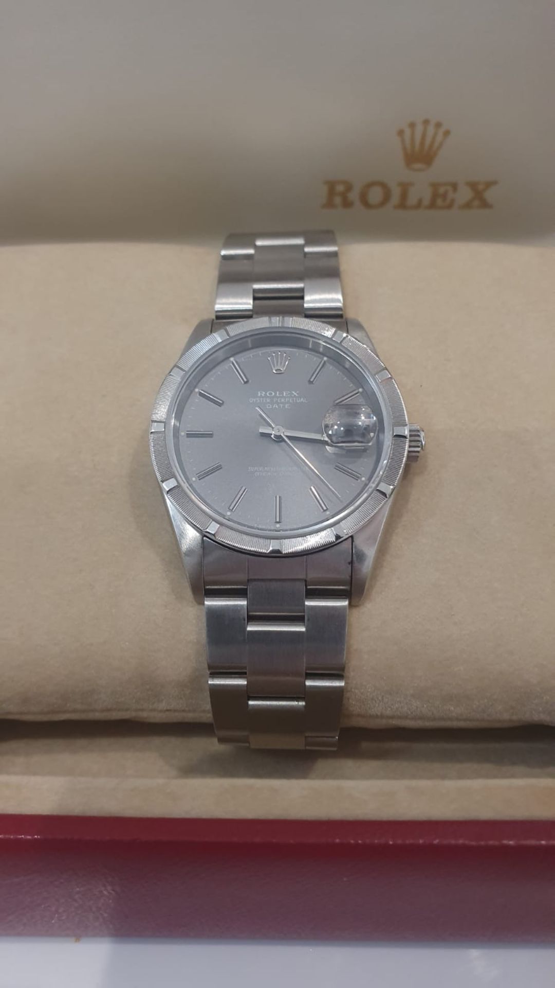 ROLEX OYSTER PERPETUAL DATE DARK GREY DIAL & STEEL FINISH WATCH NO VAT - Image 11 of 11