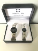 SWISS LINE MAGNIFICENT STYLE QUARTZ HIS AND HERS WATCH SET, UNTESTED (NEEDS NEW BATTERIES)