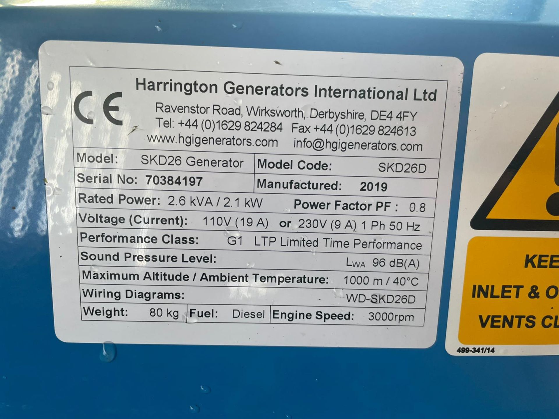 BRAND NEW UNUSED HARRINGTON diesel GENERATOR, MODEL SKD26, 2.6 KVA, 110V AND 230V *PLUS VAT* - Image 6 of 6