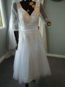 JJS HOUSE KNEE LENGTH, V NECK EMBROIDED LACE ARM WEDDING DRESS, WHITE *NO VAT*