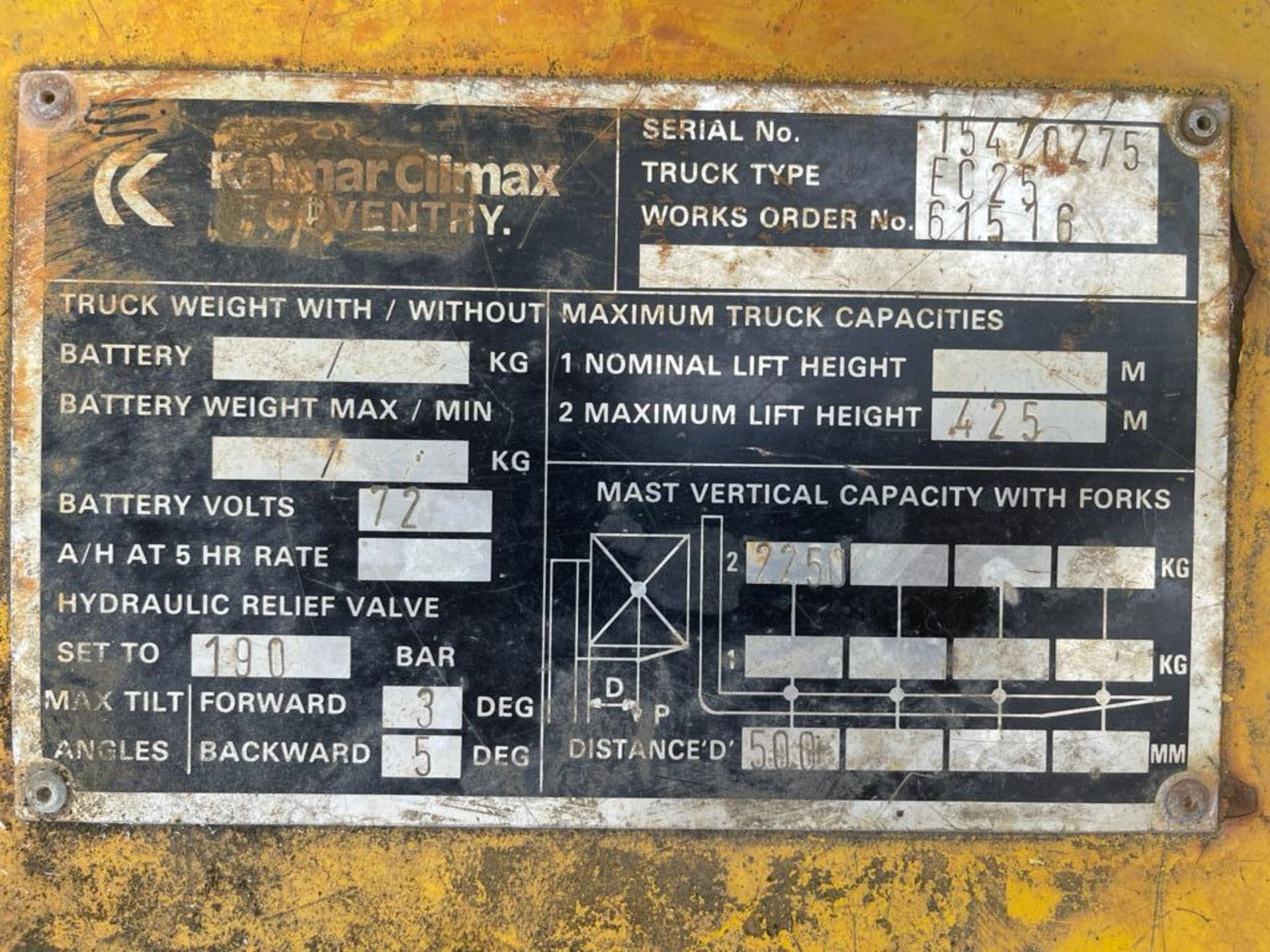 CLIMAX EC25 ELECTRIC FORKTRUCK, 72V BATTERY PACK IN GOOD ORDER AND DOES CHARGE FULLY *PLUS VAT* - Image 8 of 10