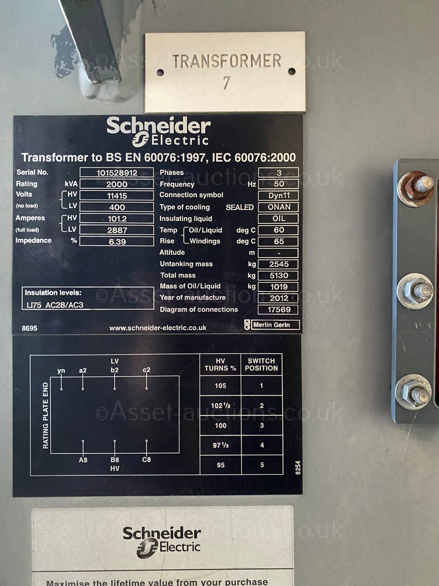 2012 SCHNEIDER ELECTRIC 2000KvA TRANSFORMER, RAN LESS THAN 200 HRS, 3 PHASES, 50hz *PLUS VAT* - Image 7 of 8