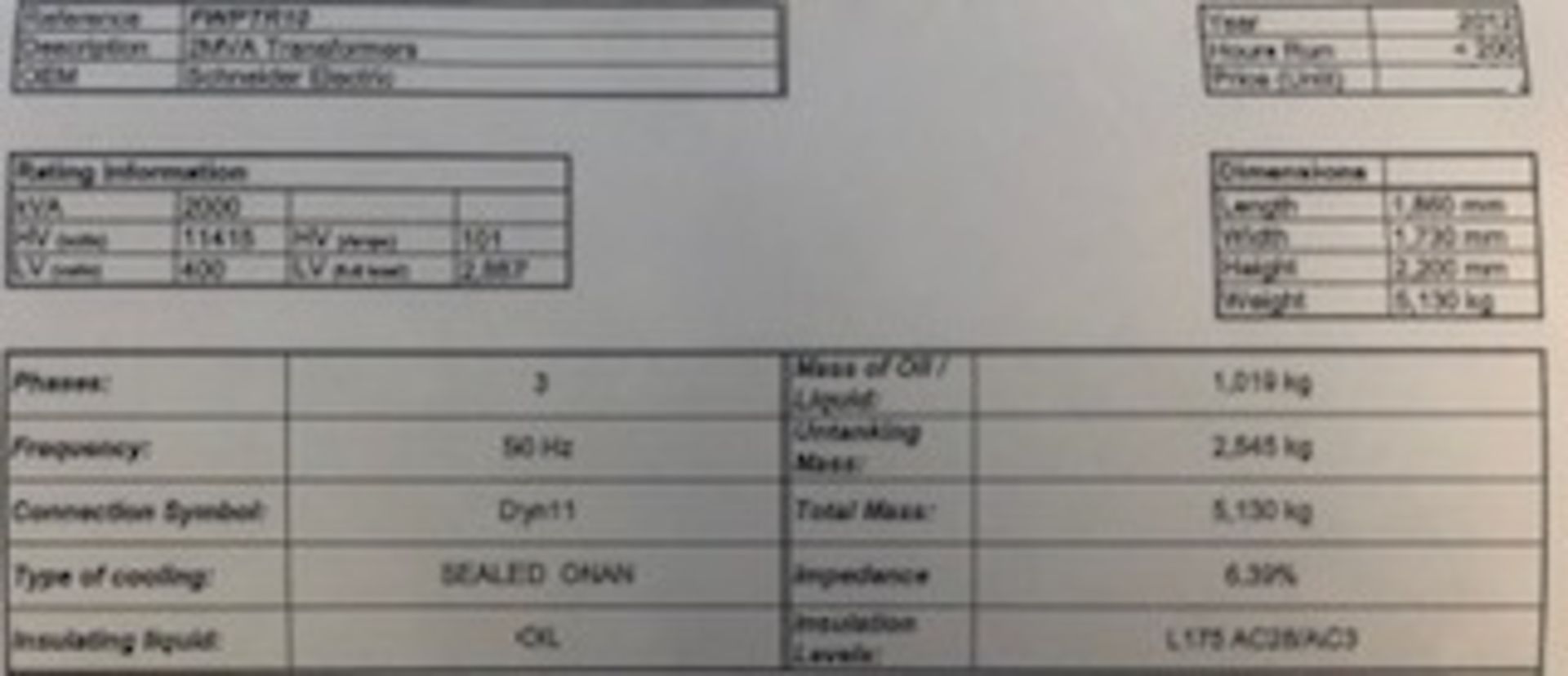 2012 SCHNEIDER ELECTRIC 2000KvA TRANSFORMER, RAN LESS THAN 200 HRS, 3 PHASES, 50hz *PLUS VAT* - Image 8 of 8