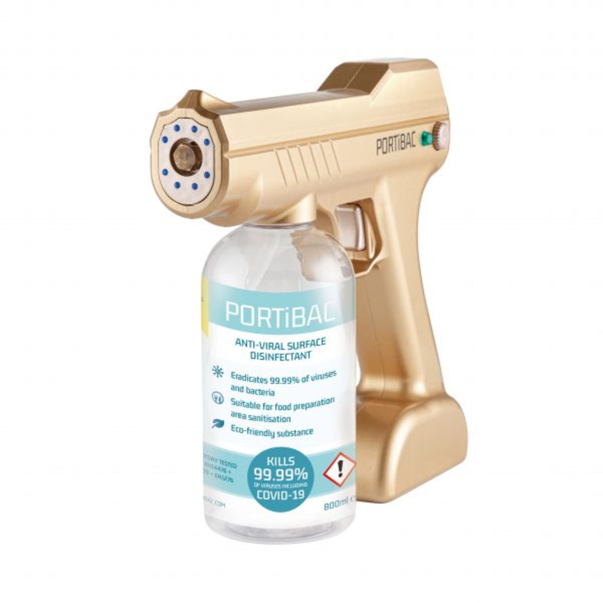 8 x GOLD PORTIBAC SPRAY GUNS, C/W 800ml SOLUTION, CARRY CASE, WINDOW STICKERS, WARRANTY *PLUS VAT*