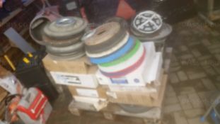 PALLET OF FLOOR SRUBBER ATTACMENTS, BUFFING PADS, SANDING DISCS, BRUSHES, HENRY VACUUM SPARES ETC