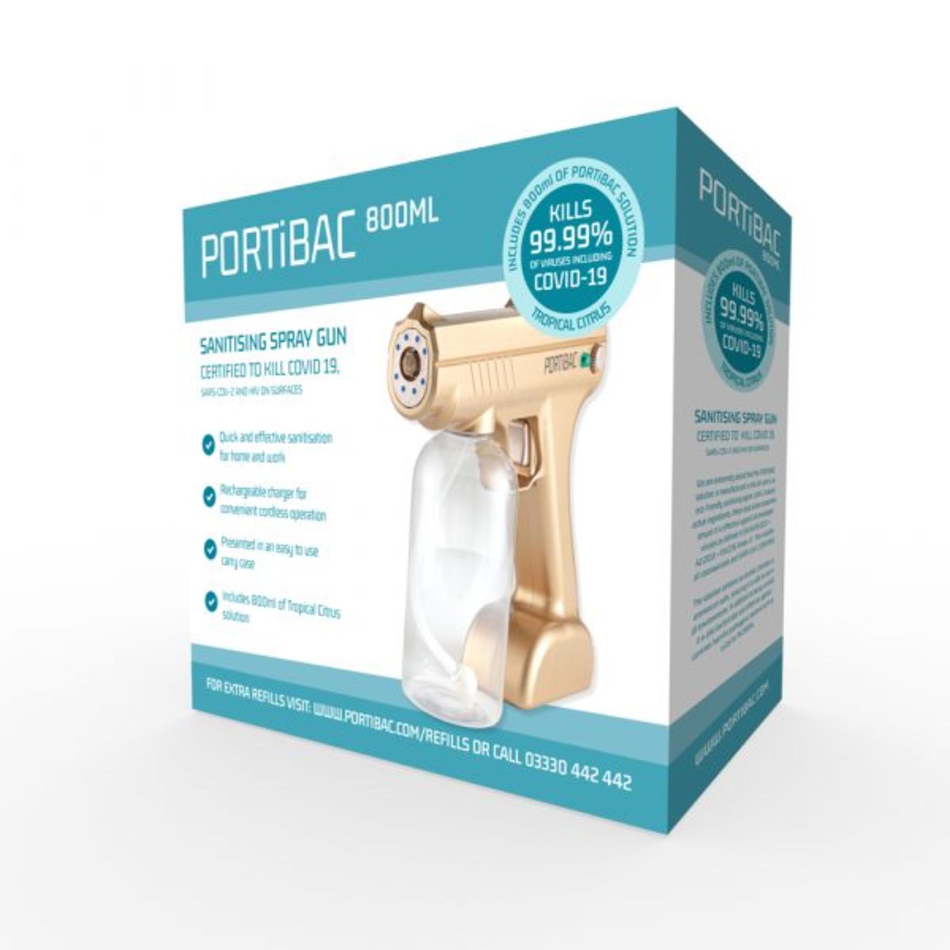 8 x BRAND NEW GOLD PORTIBAC SPRAY GUNS, C/W 800ml SOLUTION, CARRY CASE, WINDOW STICKERS, WARRANTY - Image 2 of 12