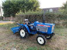 ISEKI TX145 4WD COMPACT TRACTOR WITH ROTO-TILLER, RUSN DRIVES AND WORKS, SHOWING A LOW 785 HOURS