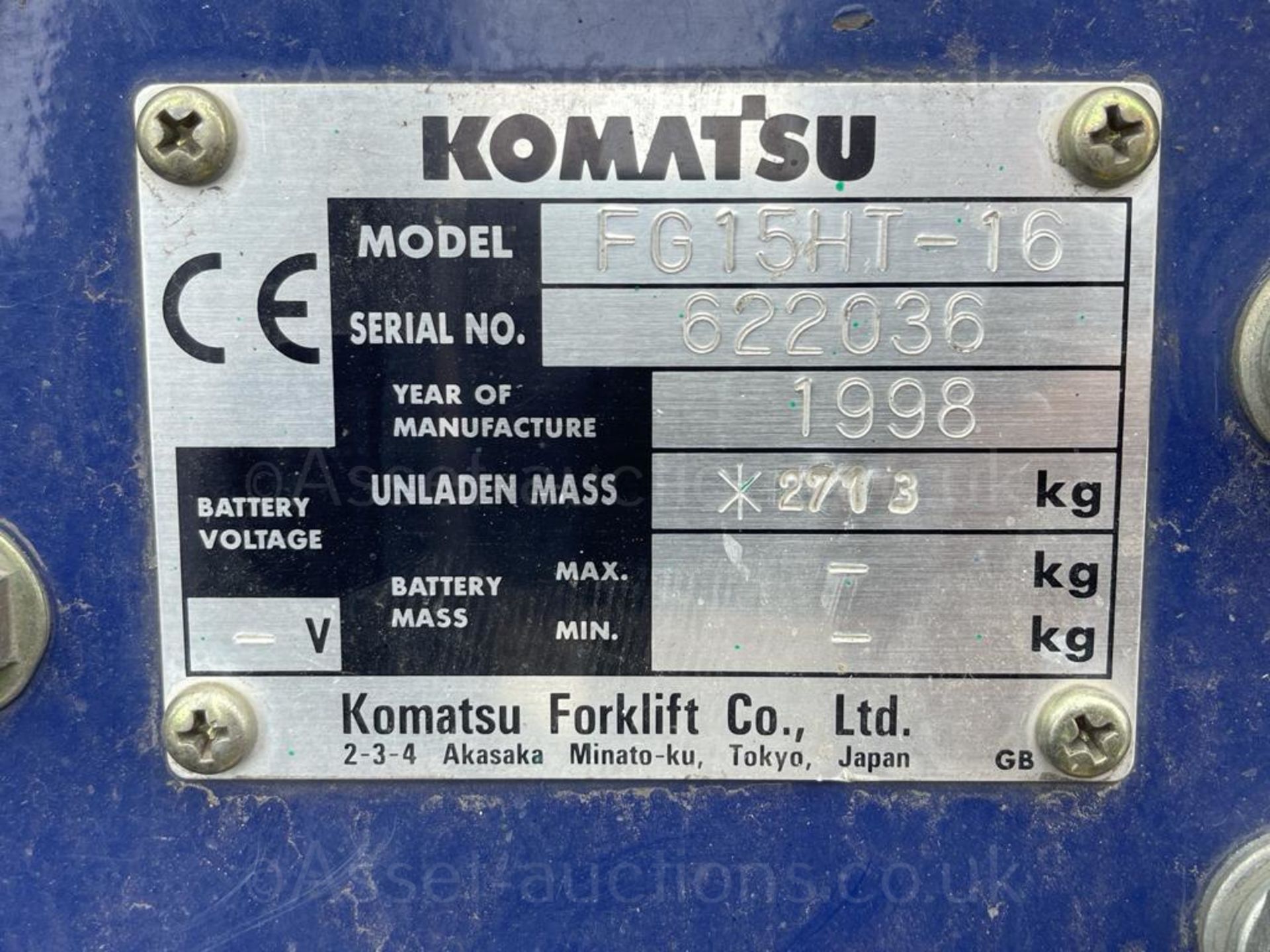 1998 KOMATSU FG15HT-16 1.5TON LPG FORKLIFT, 8167 HOURS, GAS BOTTLE NOT INCLUDED *PLUS VAT* - Image 12 of 12
