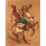 Matteo BRONDY (Paris 1866 - Meknes 1944)Cavalier marocainGouache 60 x 45 cm Signé en bas à droite